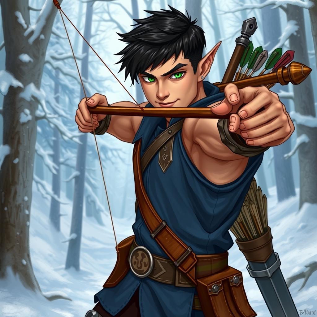 A handsome half-elf adventurer with well-defined muscles, featuring short black hair and no beard