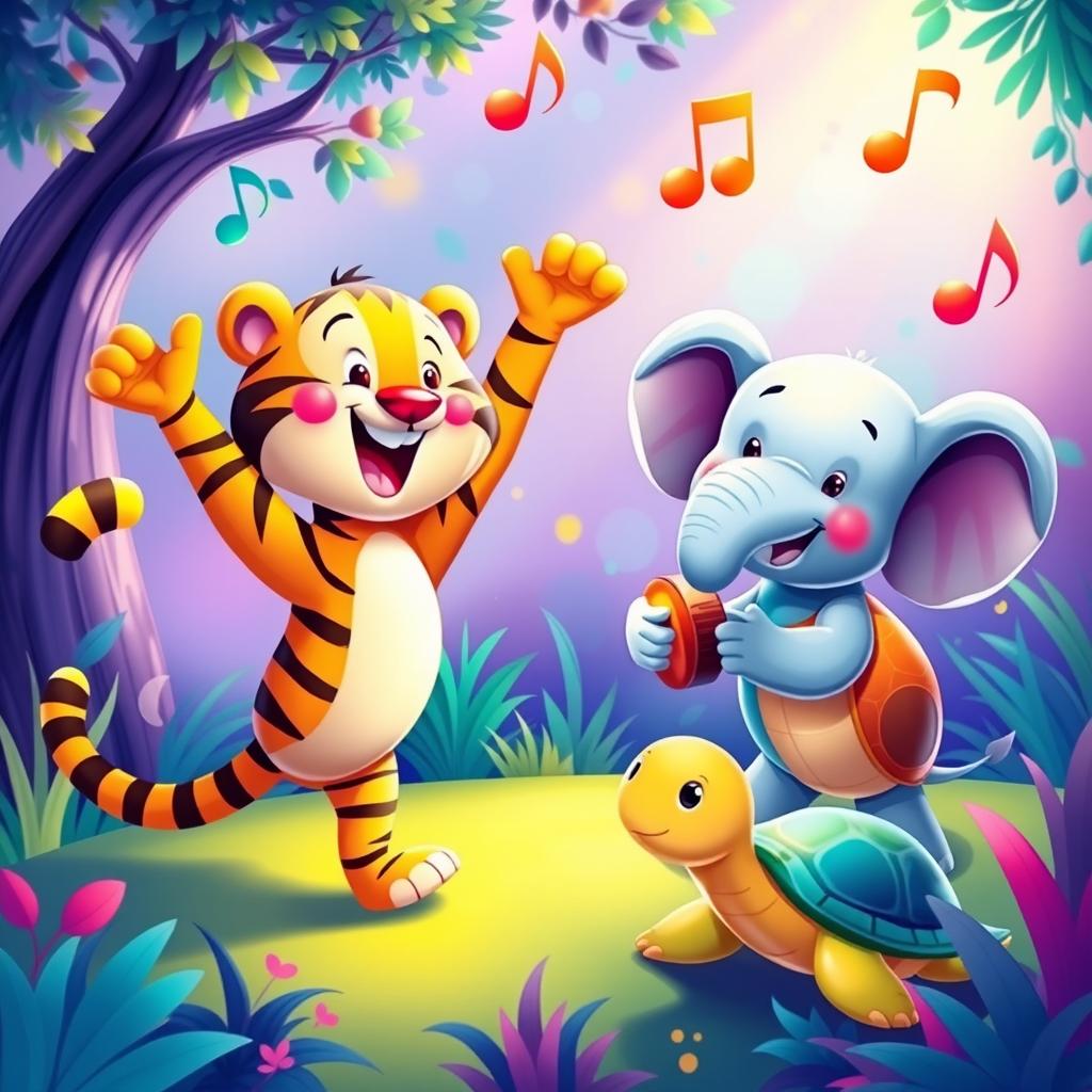 A colorful, vibrant scene inspired by a cartoon world featuring a happy tiger, a friendly elephant, and a cute turtle
