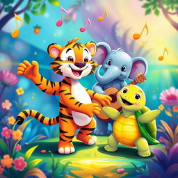 A colorful, vibrant scene inspired by a cartoon world featuring a happy tiger, a friendly elephant, and a cute turtle