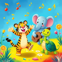 A colorful, vibrant scene inspired by a cartoon world featuring a happy tiger, a friendly elephant, and a cute turtle