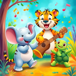 A colorful, vibrant scene inspired by a cartoon world featuring a happy tiger, a friendly elephant, and a cute turtle