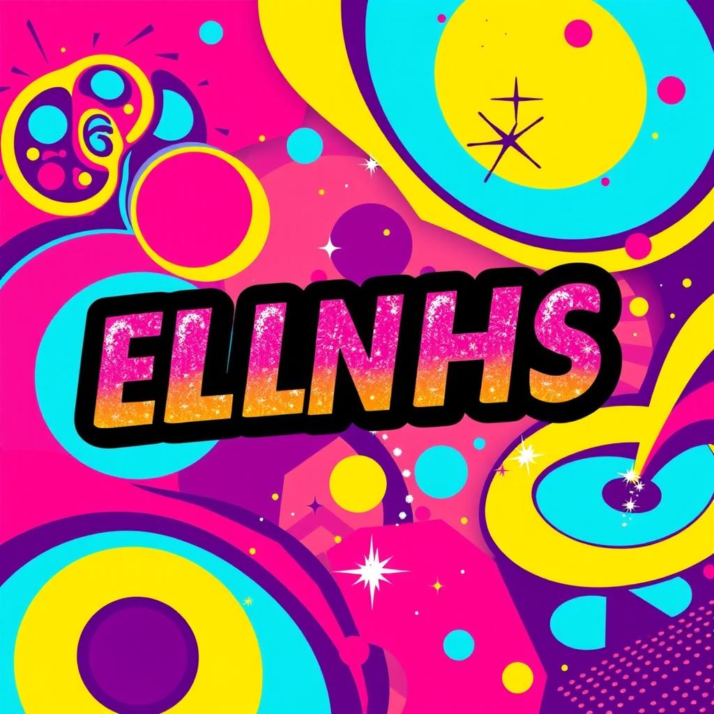 A vibrant and colorful disco print design featuring bold geometric shapes, swirling patterns, and bright colors like pink, purple, blue, and yellow