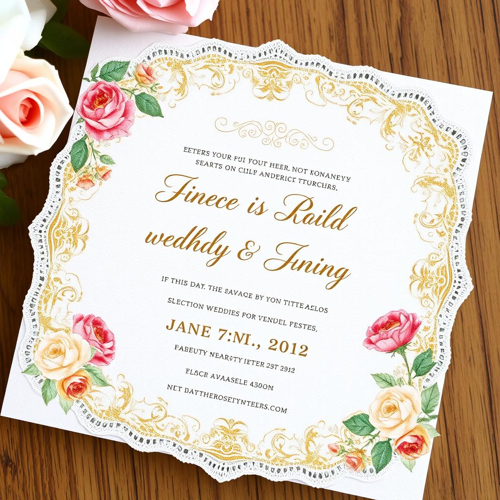 A beautifully designed wedding invitation card featuring elegant floral patterns and intricate gold foil accents