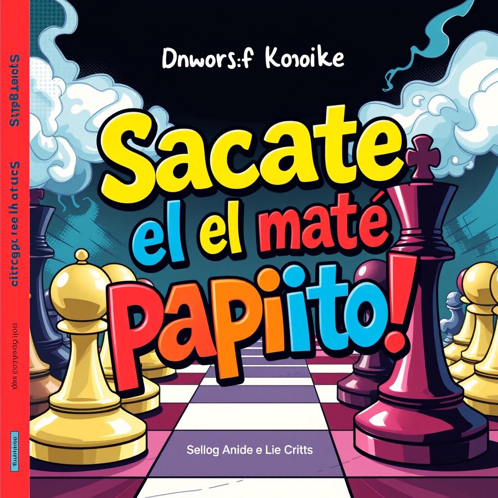 An engaging book cover illustration for a chess book titled 'Sacate el mate papito!', featuring a dramatic chessboard setup