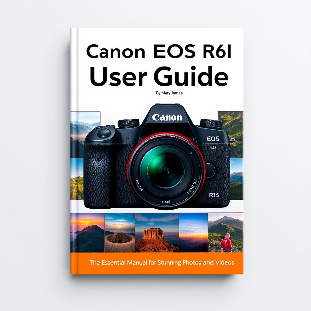 A sleek, modern design for a user guide cover of the 'Canon EOS R6 Mark II' by Mary James