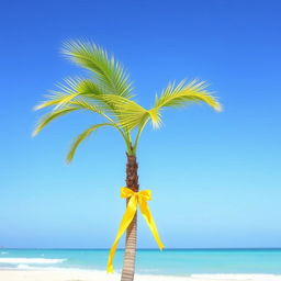 A solitary tropical palm tree standing tall against a clear blue sky, with a vibrant yellow ribbon elegantly wrapped around its trunk