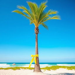 A solitary tropical palm tree standing tall against a clear blue sky, with a vibrant yellow ribbon elegantly wrapped around its trunk