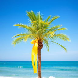 A solitary tropical palm tree standing tall against a clear blue sky, with a vibrant yellow ribbon elegantly wrapped around its trunk