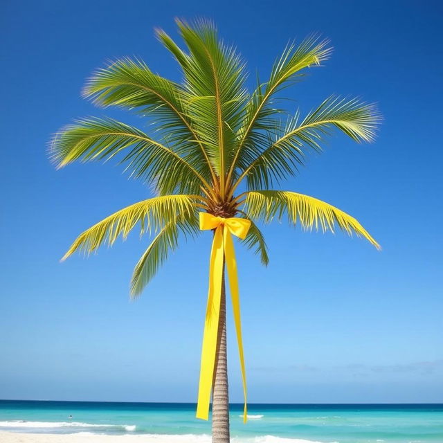 A solitary tropical palm tree standing tall against a clear blue sky, with a vibrant yellow ribbon elegantly wrapped around its trunk