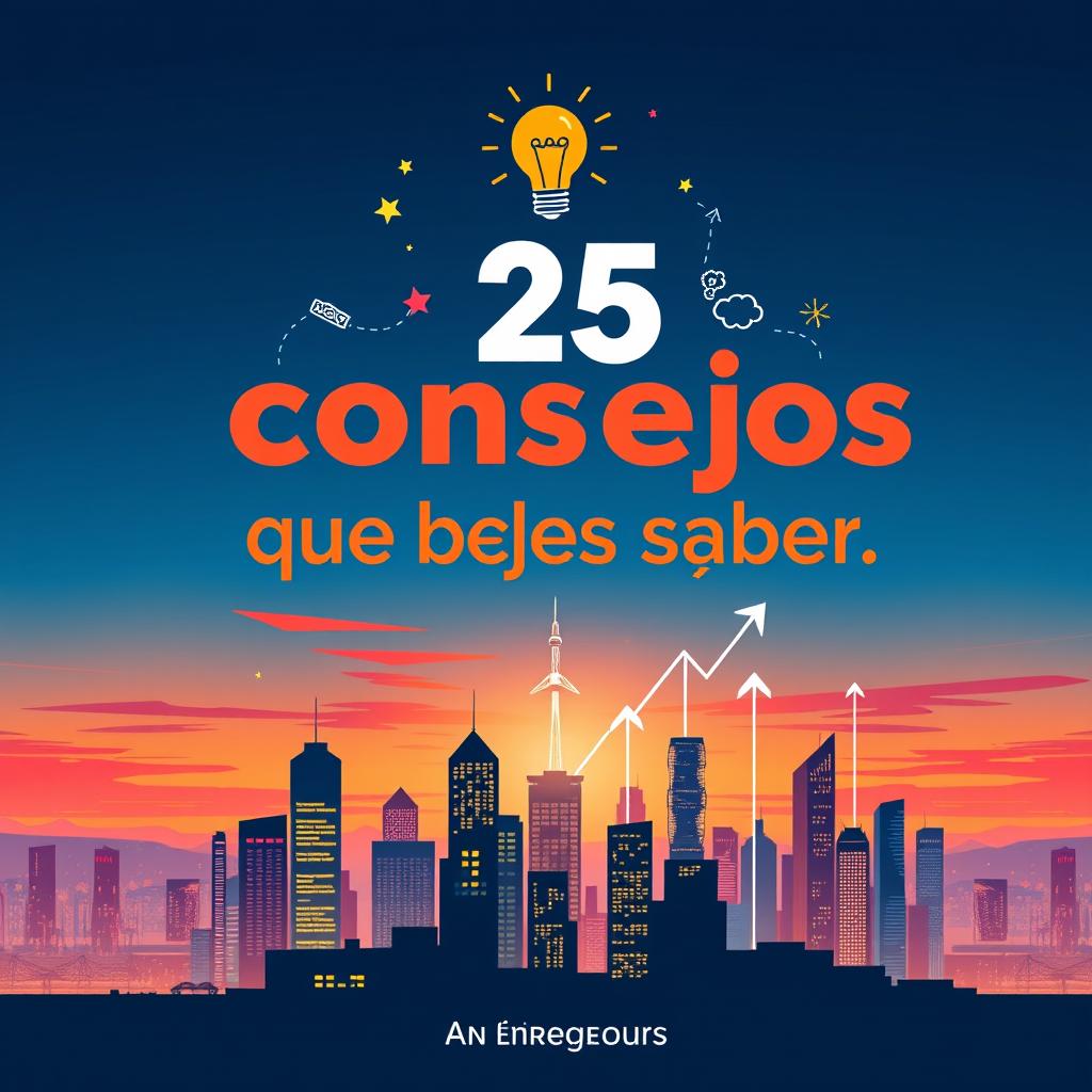 A captivating book cover illustration targeted at entrepreneurs, featuring the title '25 consejos que debes saber' prominently displayed in bold, modern typography