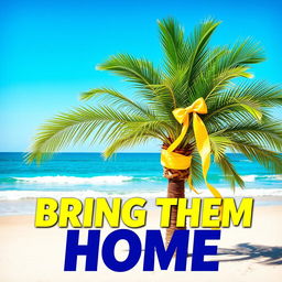 A striking tropical palm tree elegantly adorned with a bright yellow ribbon wrapped around its trunk