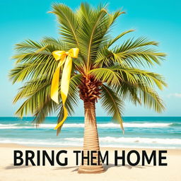 A striking tropical palm tree elegantly adorned with a bright yellow ribbon wrapped around its trunk