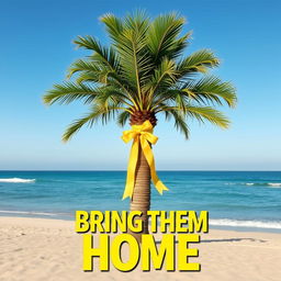 A striking tropical palm tree elegantly adorned with a bright yellow ribbon wrapped around its trunk