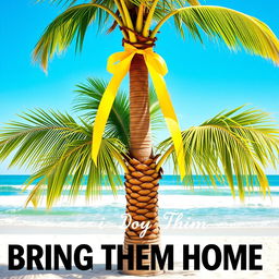 A striking tropical palm tree elegantly adorned with a bright yellow ribbon wrapped around its trunk
