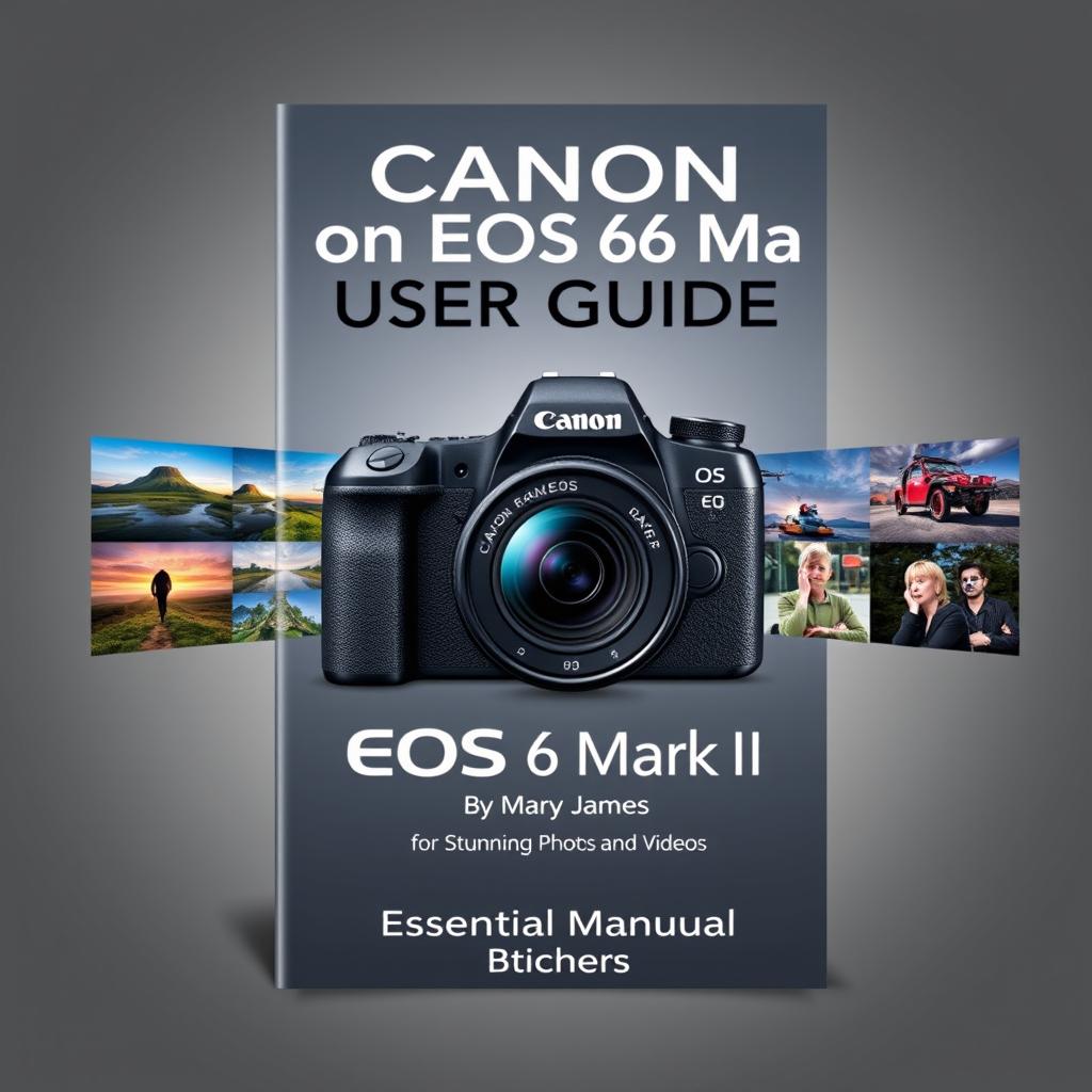 A visually striking cover design for the 'Canon EOS R6 Mark II User Guide' by Mary James