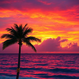 A breathtaking tropical sunset with vibrant hues of orange, pink, and purple filling the sky