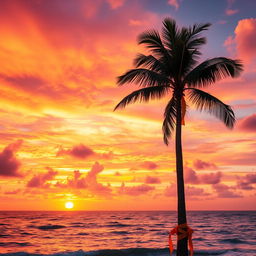 A breathtaking tropical sunset with vibrant hues of orange, pink, and purple filling the sky