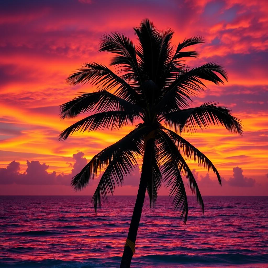 A breathtaking tropical sunset with vibrant hues of orange, pink, and purple filling the sky