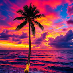 A breathtaking tropical sunset with vibrant hues of orange, pink, and purple filling the sky