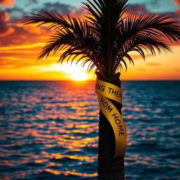 A stunning tropical sunset, featuring a palm tree silhouetted against a fiery sky of oranges, pinks, and purples