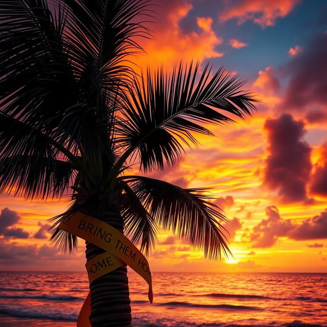 A stunning tropical sunset, featuring a palm tree silhouetted against a fiery sky of oranges, pinks, and purples
