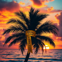 A stunning tropical sunset, featuring a palm tree silhouetted against a fiery sky of oranges, pinks, and purples