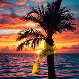 A stunning tropical sunset, featuring a palm tree silhouetted against a fiery sky of oranges, pinks, and purples