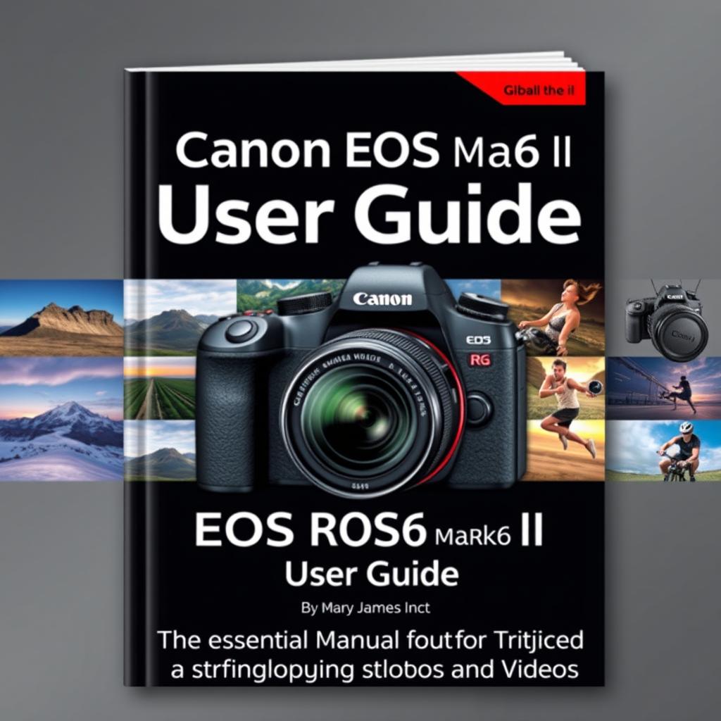 A sleek and modern cover design for the 'Canon EOS R6 Mark II User Guide' authored by Mary James, featuring a striking high-resolution image of the Canon EOS R6 Mark II camera as the focal point