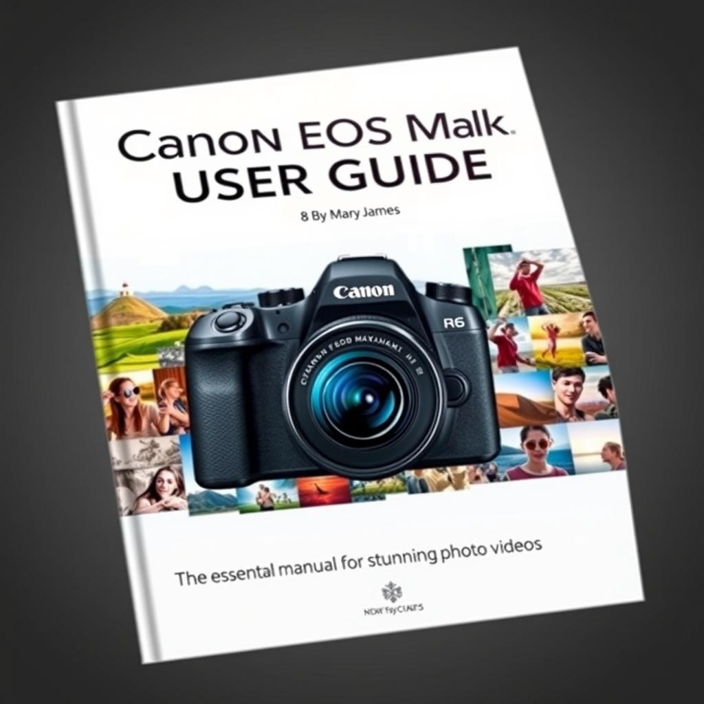 A captivating and stylish book cover for 'Canon EOS R6 Mark II User Guide' by Mary James, featuring a striking, high-definition image of the Canon EOS R6 Mark II camera prominently displayed at the center