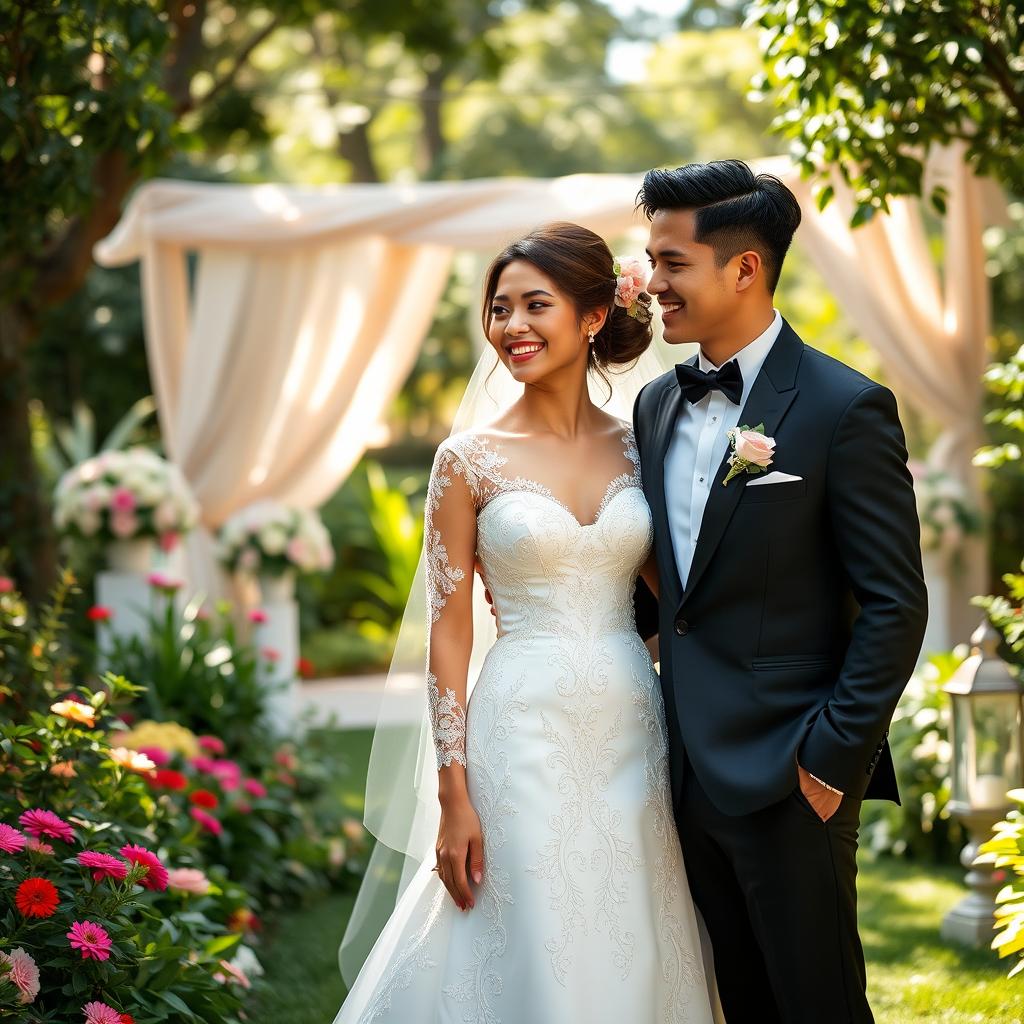 A beautiful wedding scene featuring a bride and groom standing in a lush garden, surrounded by vibrant flowers and greenery