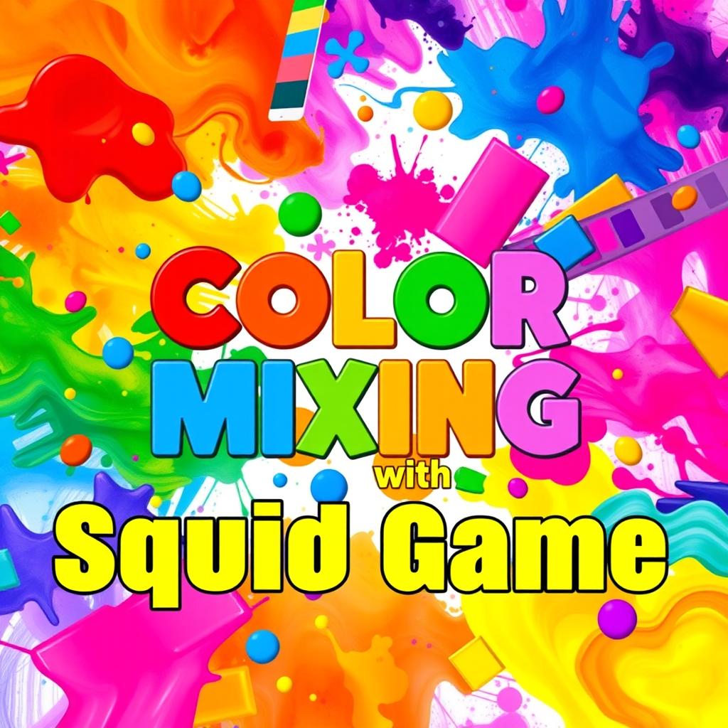 A vibrant and colorful cover for a YouTube video about color mixing inspired by 'Squid Game'