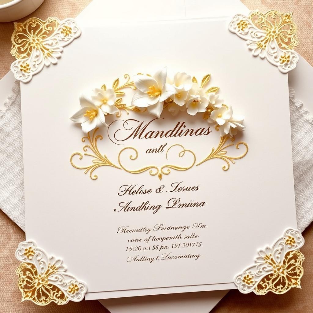 A beautifully crafted wedding invitation card featuring a luxurious design with intricate lace patterns along the edges