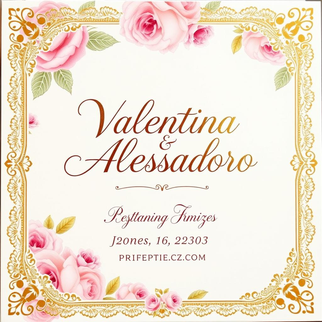 A beautifully designed wedding invitation card featuring the names "Valentina & Alessandro" in elegant calligraphy