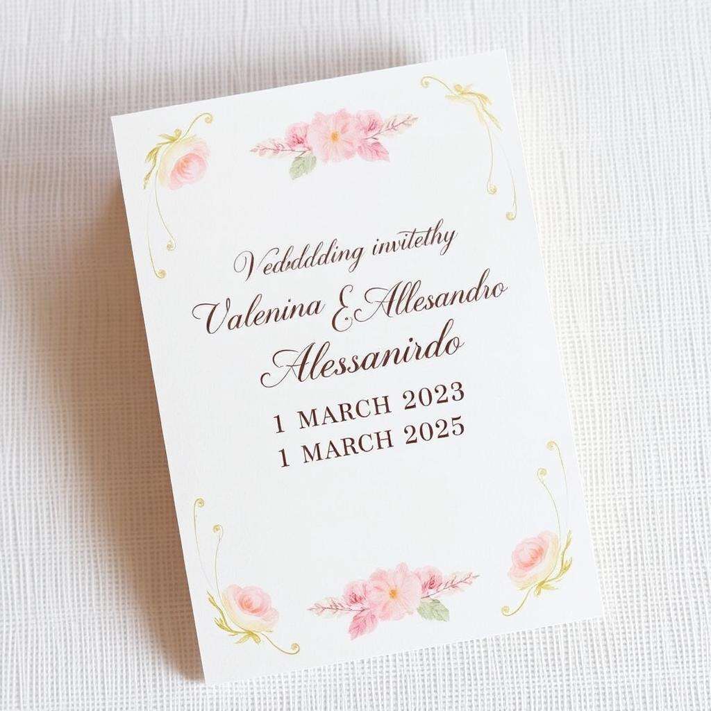 An elegant wedding invitation card for a couple named Valentina and Alessandro