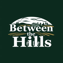 A professional and authoritative logo for a farm named "Between the Hills" based in Nova Scotia