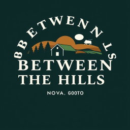 A professional and authoritative logo for a farm named "Between the Hills" based in Nova Scotia