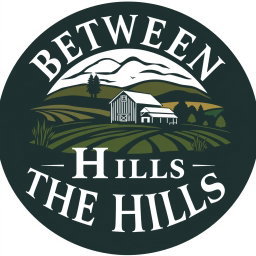 A professional and authoritative logo for a farm named "Between the Hills" based in Nova Scotia
