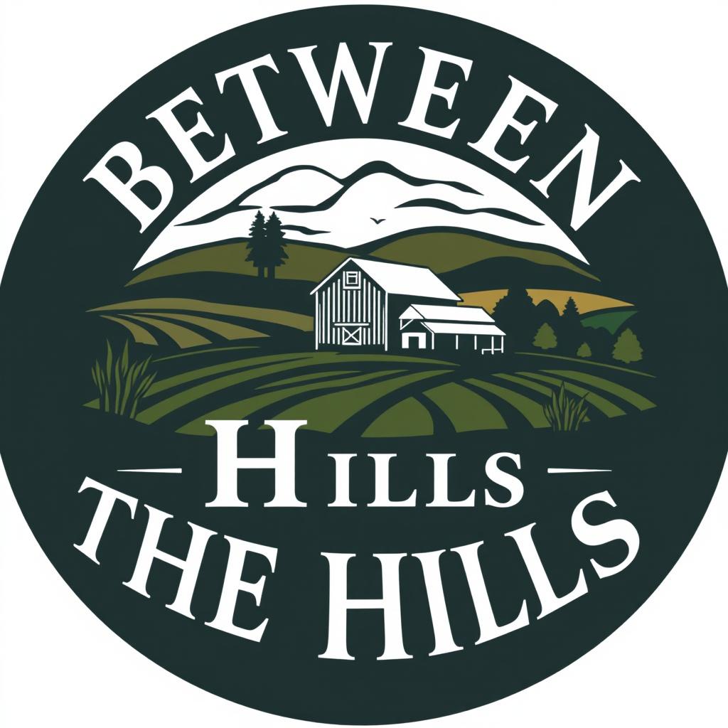 A professional and authoritative logo for a farm named "Between the Hills" based in Nova Scotia