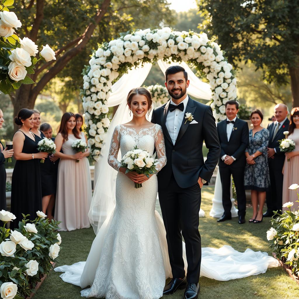 An elegant wedding scene featuring a beautiful couple, Valentina and Alessandro, on their wedding day, 1 March 2025