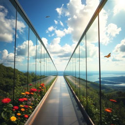 A stunning, modern glass walkway extending towards the horizon, surrounded by lush greenery and vibrant flowers