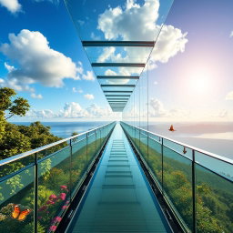 A stunning, modern glass walkway extending towards the horizon, surrounded by lush greenery and vibrant flowers