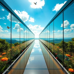 A stunning, modern glass walkway extending towards the horizon, surrounded by lush greenery and vibrant flowers