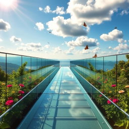 A stunning, modern glass walkway extending towards the horizon, surrounded by lush greenery and vibrant flowers