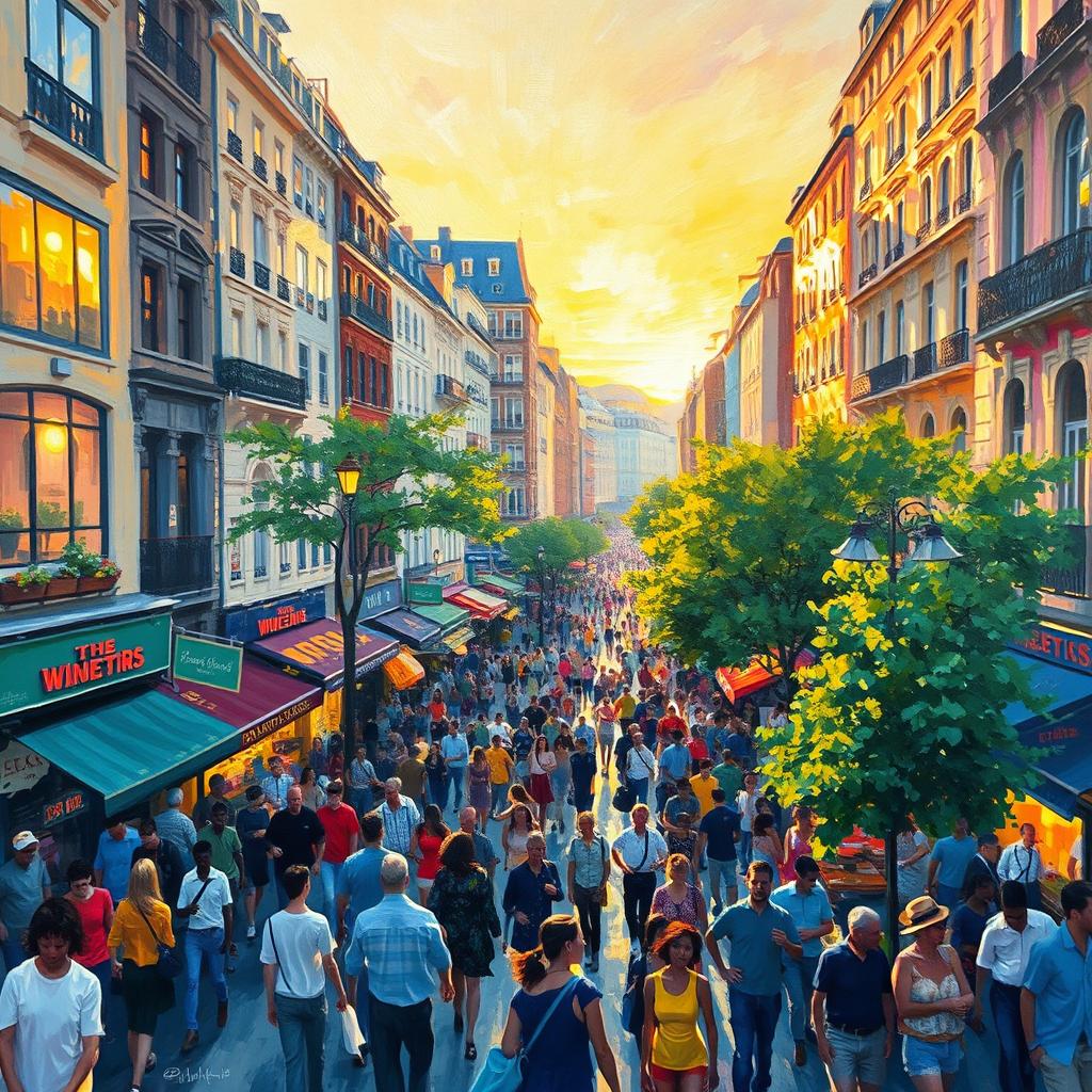 An impressionist painting capturing a vibrant and bustling cityscape filled with lively streets