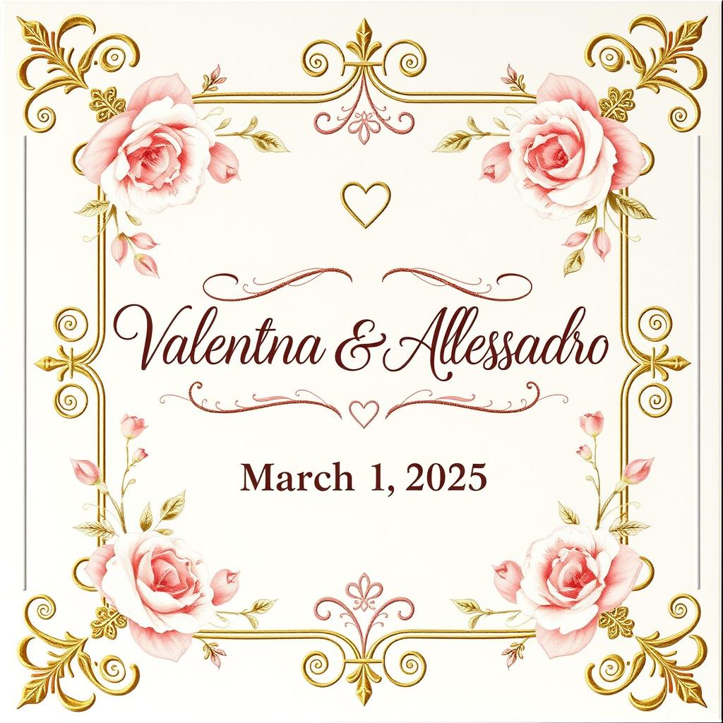 A beautifully designed wedding card for Valentina & Alessandro, celebrating their marriage on March 1, 2025