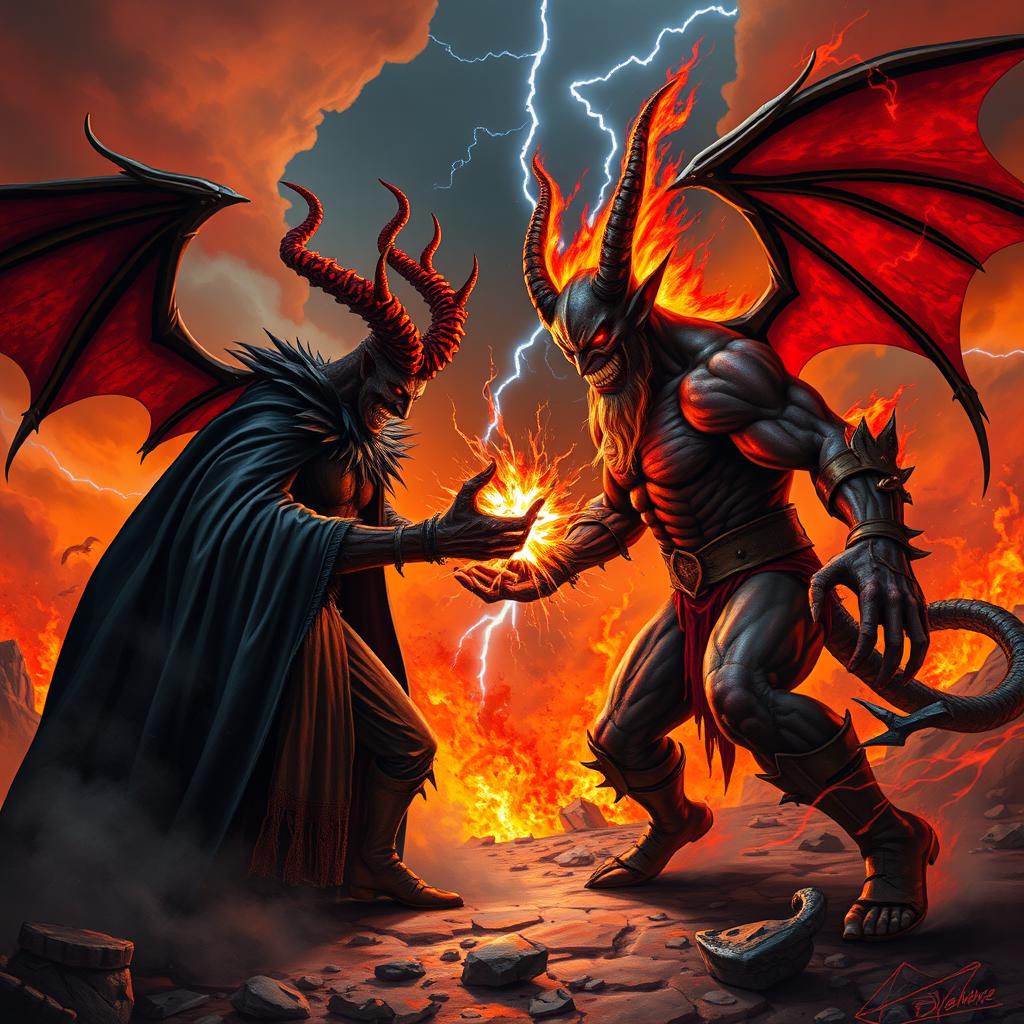 An epic showdown between two formidable figures, Satanas and El Diablo, set against a fiery, apocalyptic backdrop