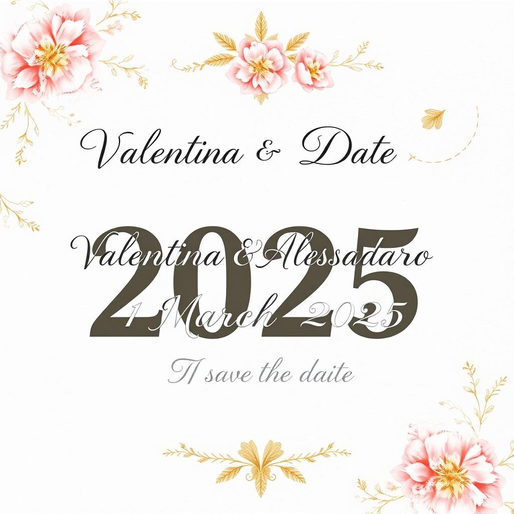 A beautiful and elegant save the date card featuring the names 'Valentina & Alessandro' prominently displayed