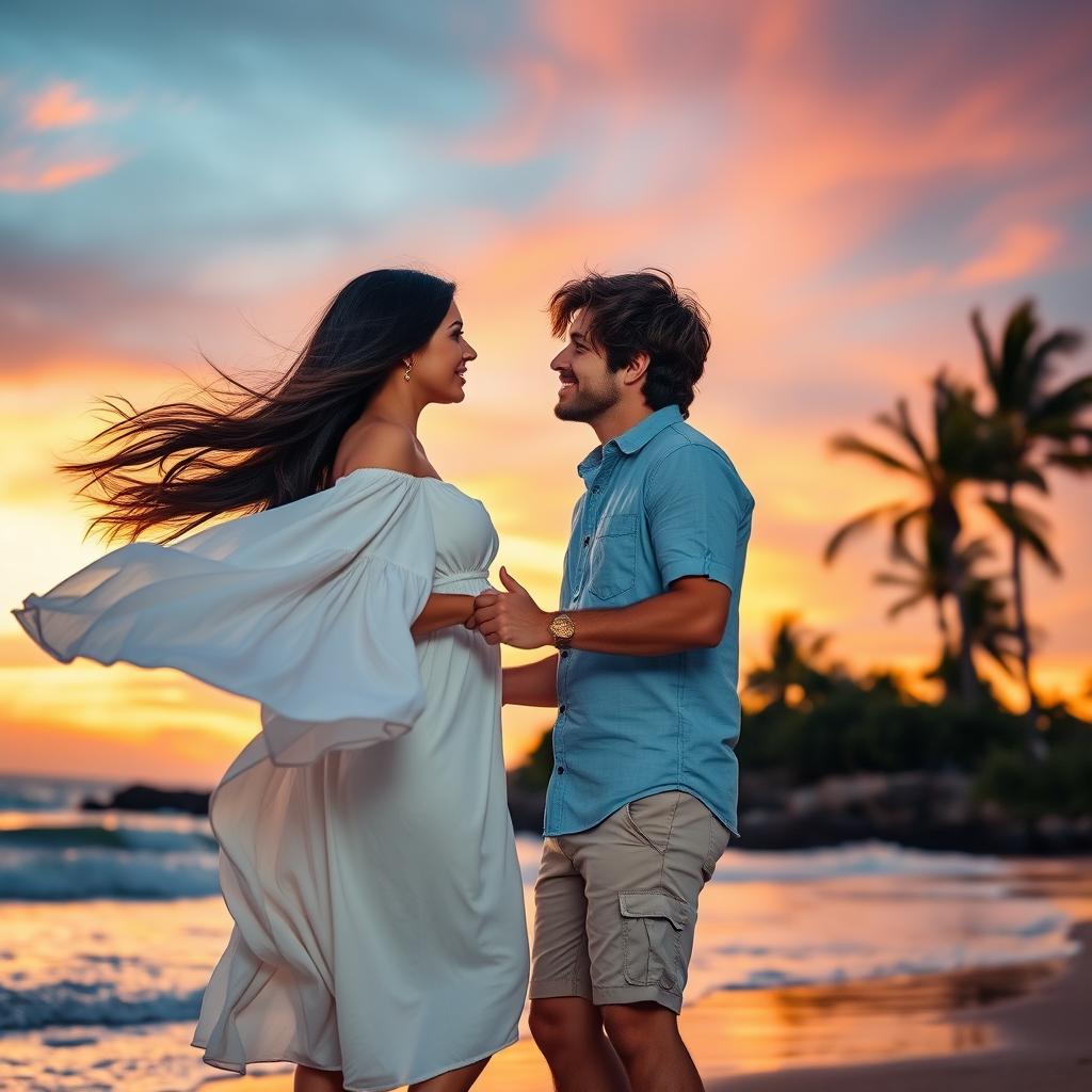 A romantic scene featuring Valentina and Alessandro, a beautiful couple enjoying a sunset at a picturesque beach