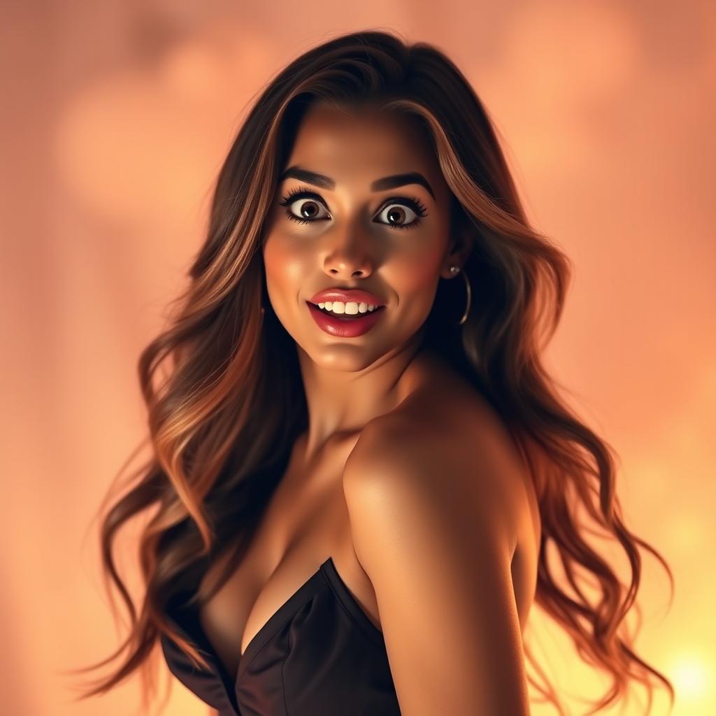 A stunning 30-year-old woman with a surprised expression, facing directly towards the camera with a sensual pose