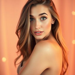 A stunning 30-year-old woman with a surprised expression, facing directly towards the camera with a sensual pose